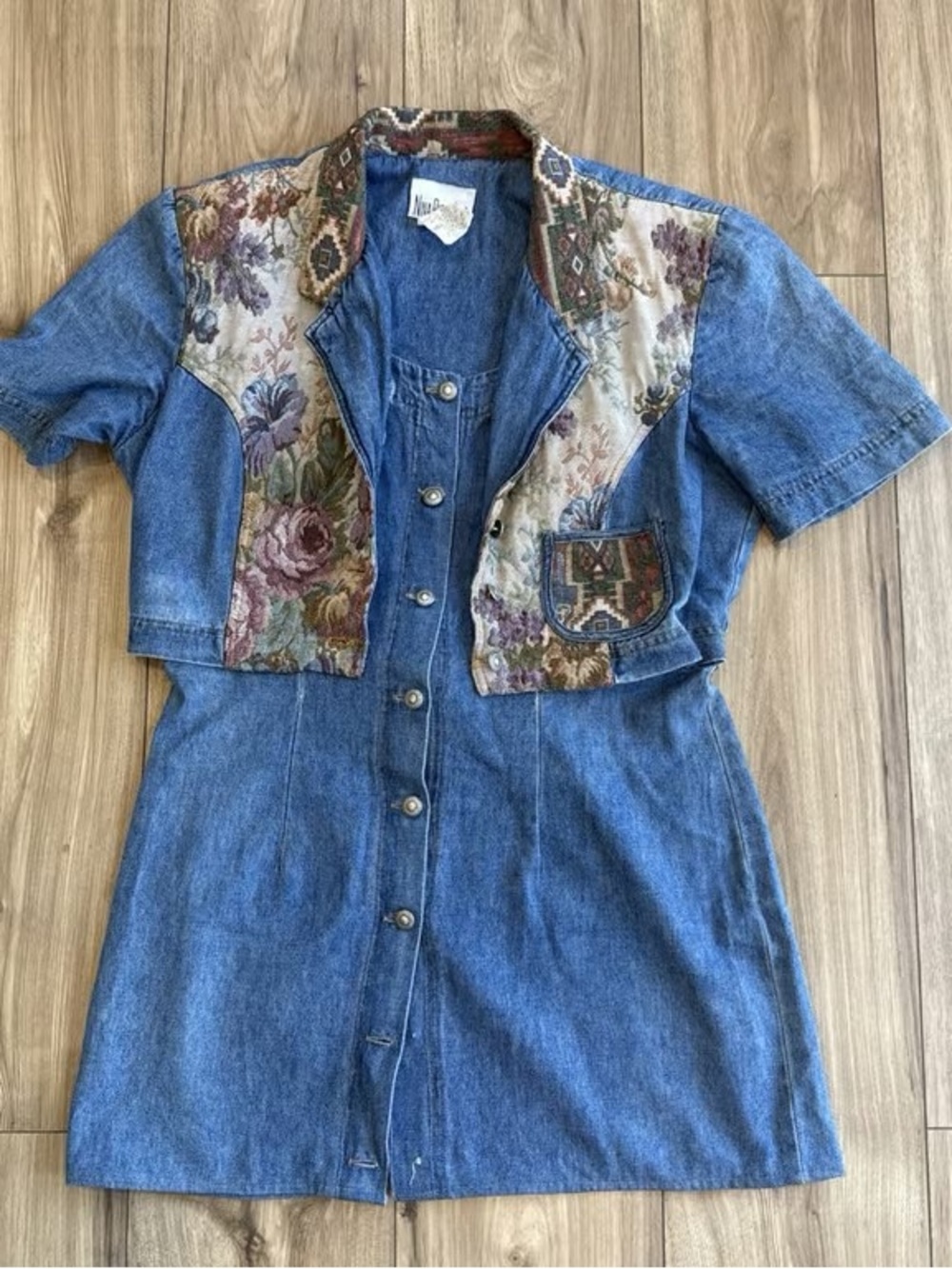 Blue Denim Button-Front Dress with Floral Tapestry Bolero